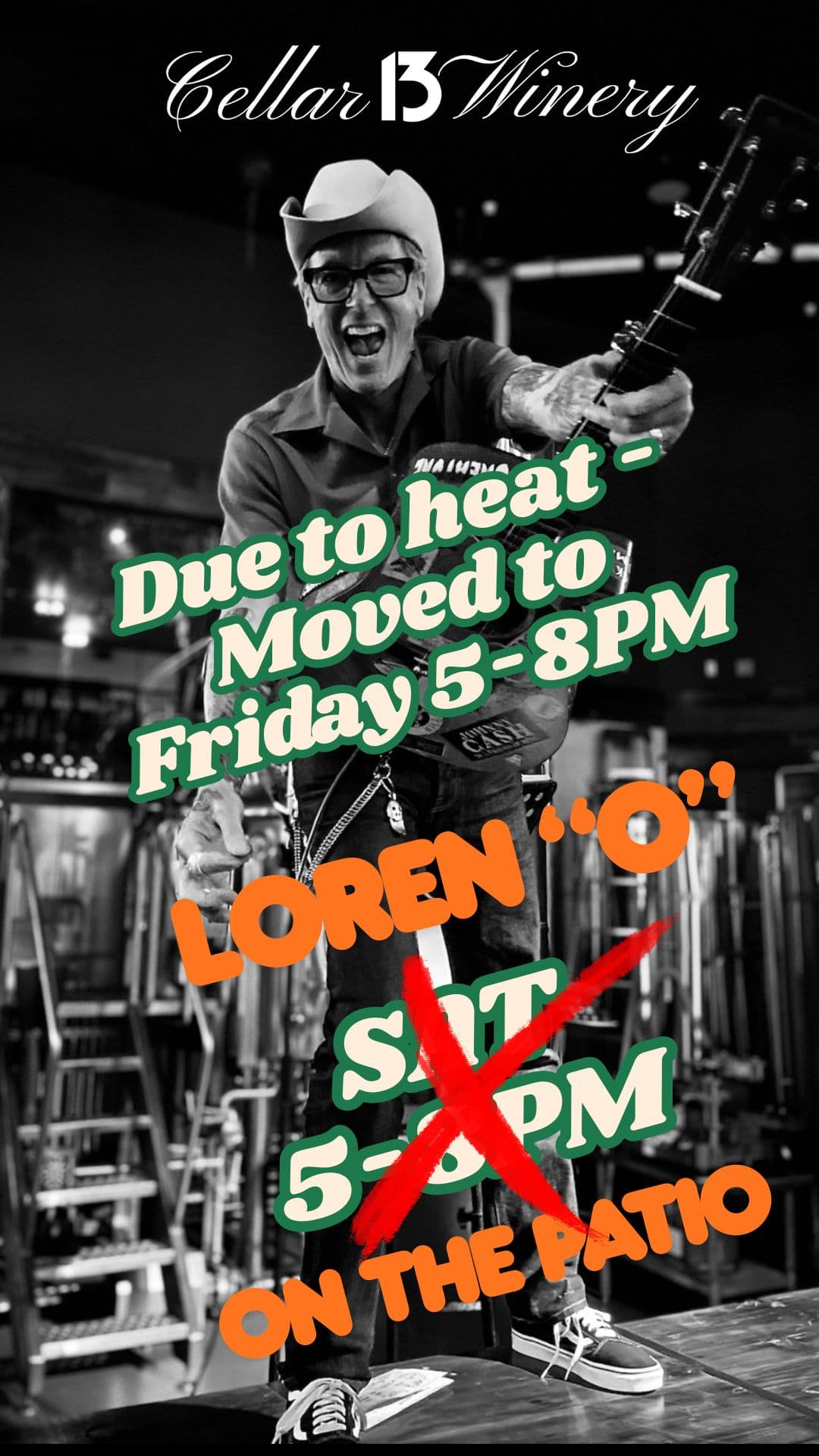 PICTURE OF LOREN O A SINGER WITH ANNOUNCEMENT THAT HE IS PLAYIN ON FRIDAY FROM 5PM -8PM